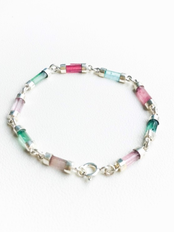 Multicolor tourmaline bracelet Natural tourmaline crystal bracelet Tourmaline crystal sterling silver bracelet