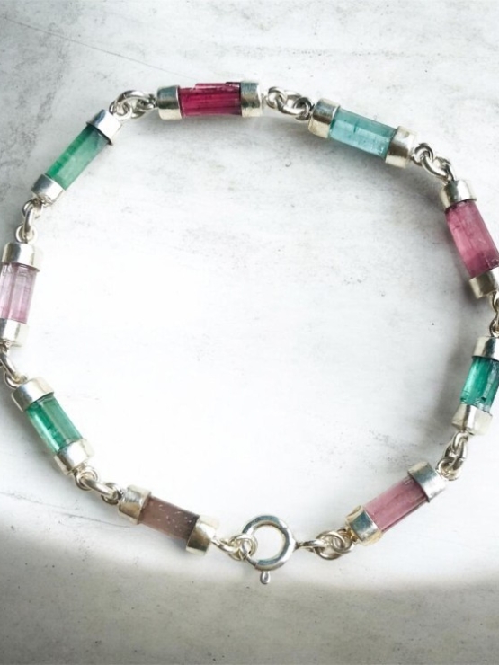 Multicolor tourmaline bracelet Natural tourmaline crystal bracelet Tourmaline crystal sterling silver bracelet