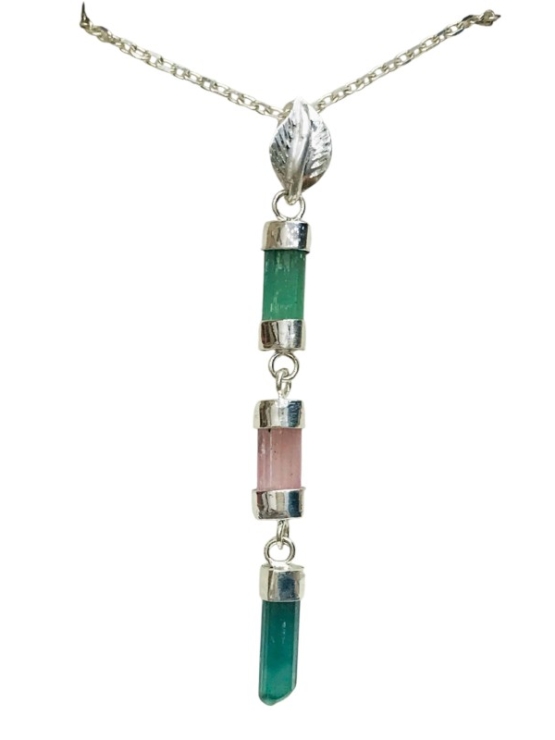 Three-crystal linked tourmaline pendant sterling silver for girls - multicolor tourmaline crystal pendant