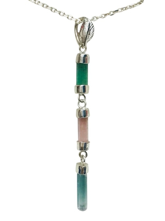 Three-crystal linked tourmaline pendant sterling silver for girls - best gift for girls