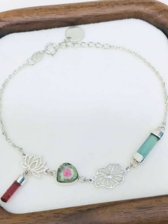 Lotus bracelet Tourmaline lotus bracelet Vietnam national flower jewelry lotus jewelry silver lotus bracelet