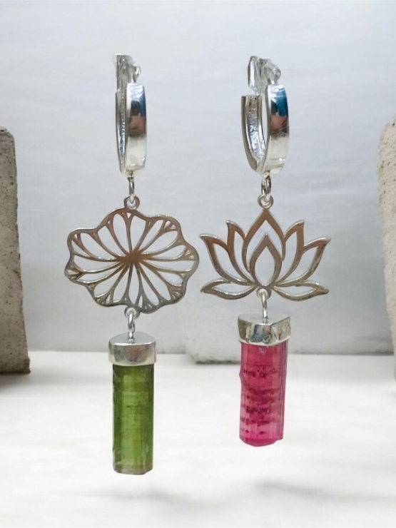 Lotus dangle earrings Tourmaline lotus earrings Sterling silver lotus earrings