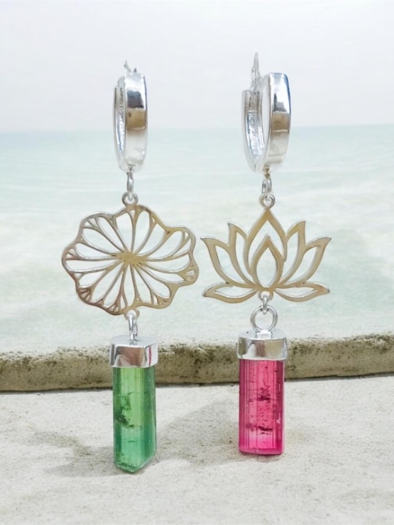 Lotus flower earrings Tourmaline lotus earrings Sterling silver lotus earrings