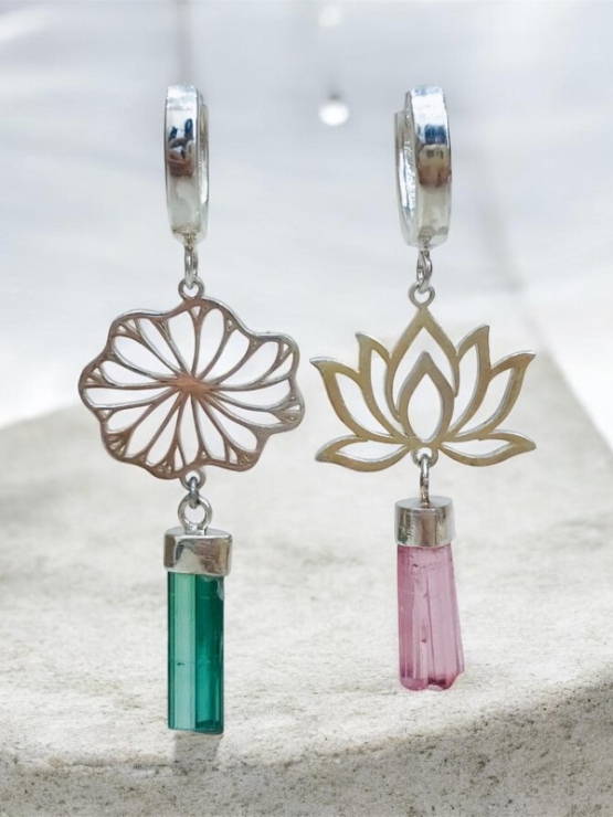 Pink and green tourmaline earrings Tourmaline lotus earrings Sterling silver lotus earrings
