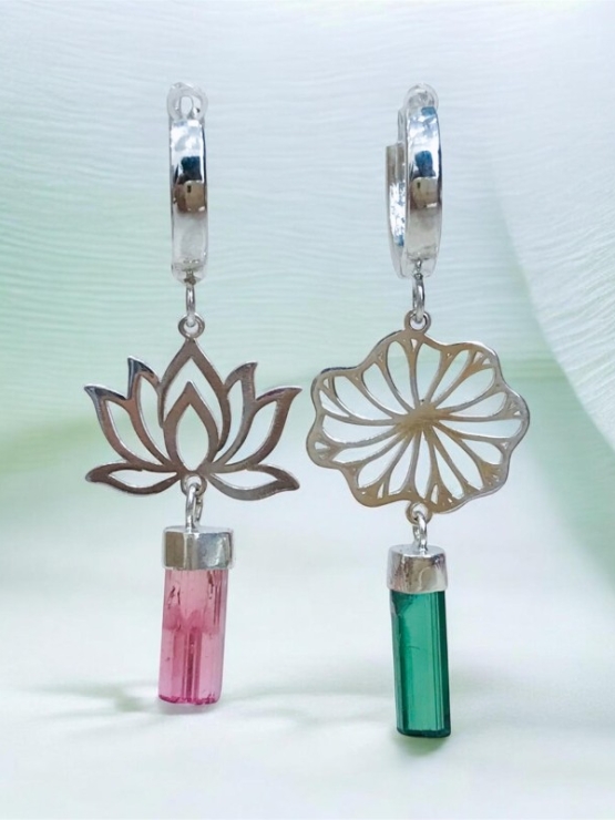 Pink tourmaline earrings Tourmaline lotus earrings Sterling silver lotus earrings