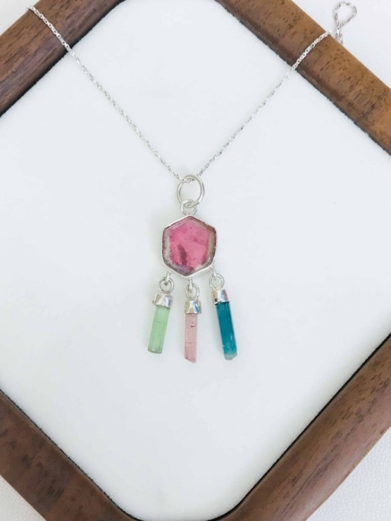 Pink tourmaline pendant necklace for girls Sterling silver dream catcher tourmaline crystal pendant necklace