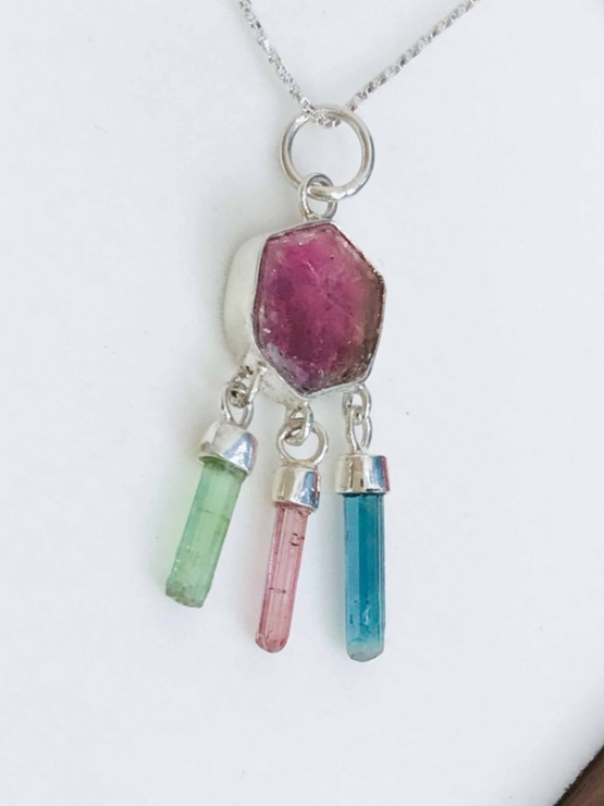Pink tourmaline pendant necklace for girls Sterling silver dream catcher tourmaline crystal pendant necklace