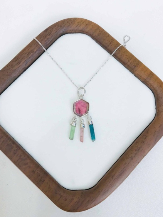 Pink tourmaline pendant necklace for girls Sterling silver dream catcher tourmaline crystal pendant necklace