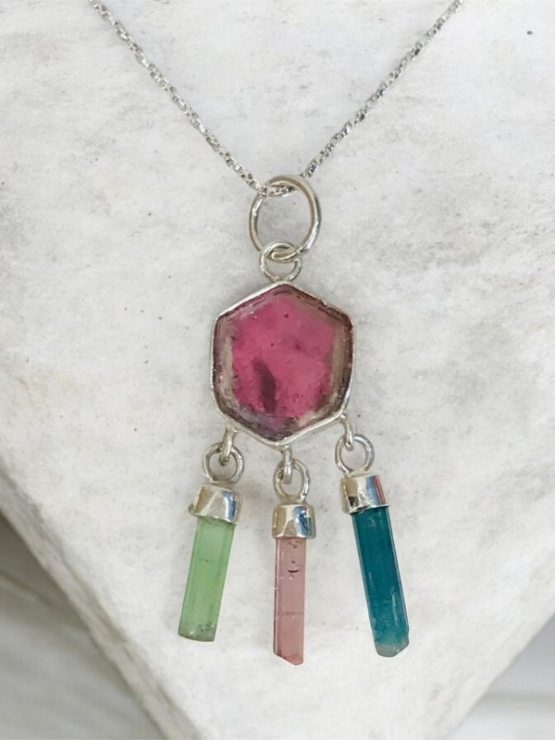 Pink tourmaline pendant necklace for girls Sterling silver dream catcher tourmaline crystal pendant necklace