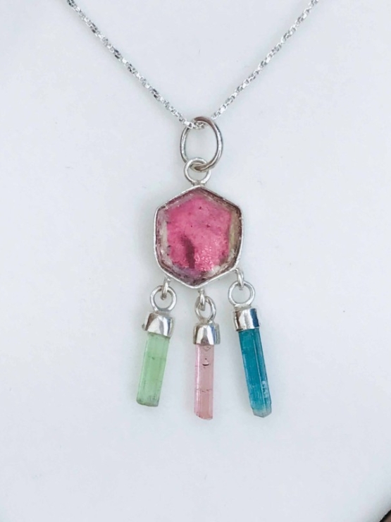 Pink tourmaline pendant necklace for girls Sterling silver dream catcher tourmaline crystal pendant necklace