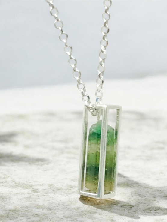 Raw green tourmaline pendant necklace for girls green tourmaline crystal pendant cage green tourmaline pendant
