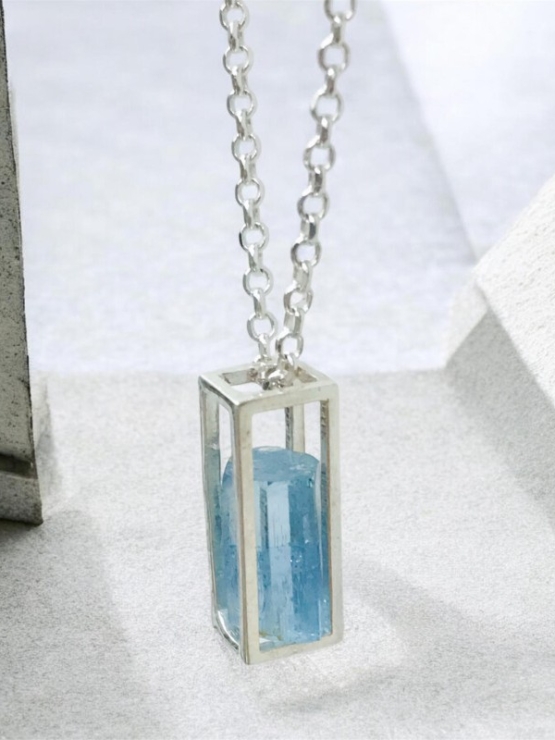 cage aquamarine crystal pendant Aquamarine crystal pendant necklace for girls Vietnam aquamarine pendant